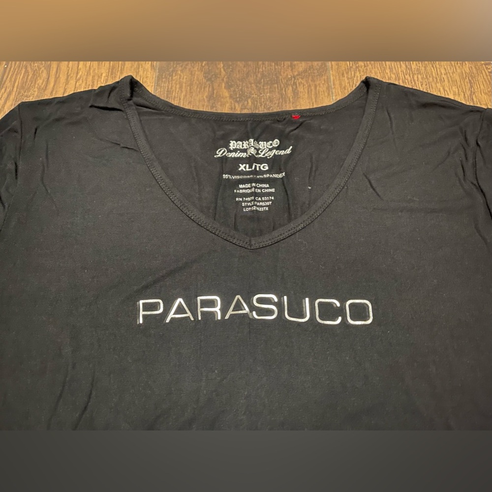 Parasuco black logo T shirt silky smooth viscose & spandex XL - Picture 3 of 5